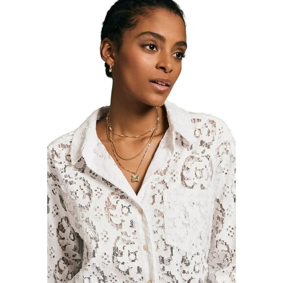 Pilcro Shirt Women Small White Lace Lacey Button Down Top Boho Cottagecore - Picture 5 of 15
